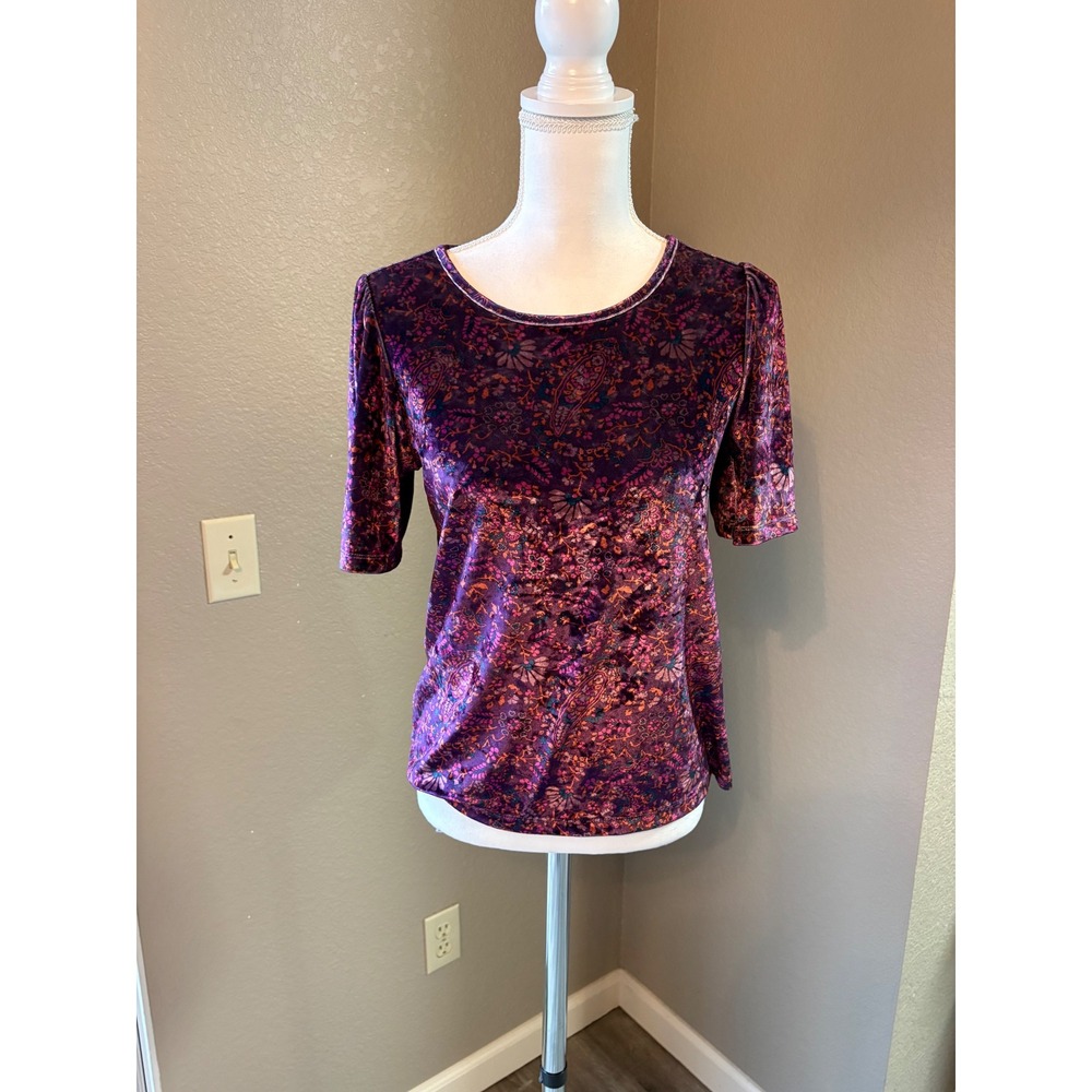 Lucky Brand Womens Purple Floral Paisley Burnout Velvet Top Short Sleeve Small